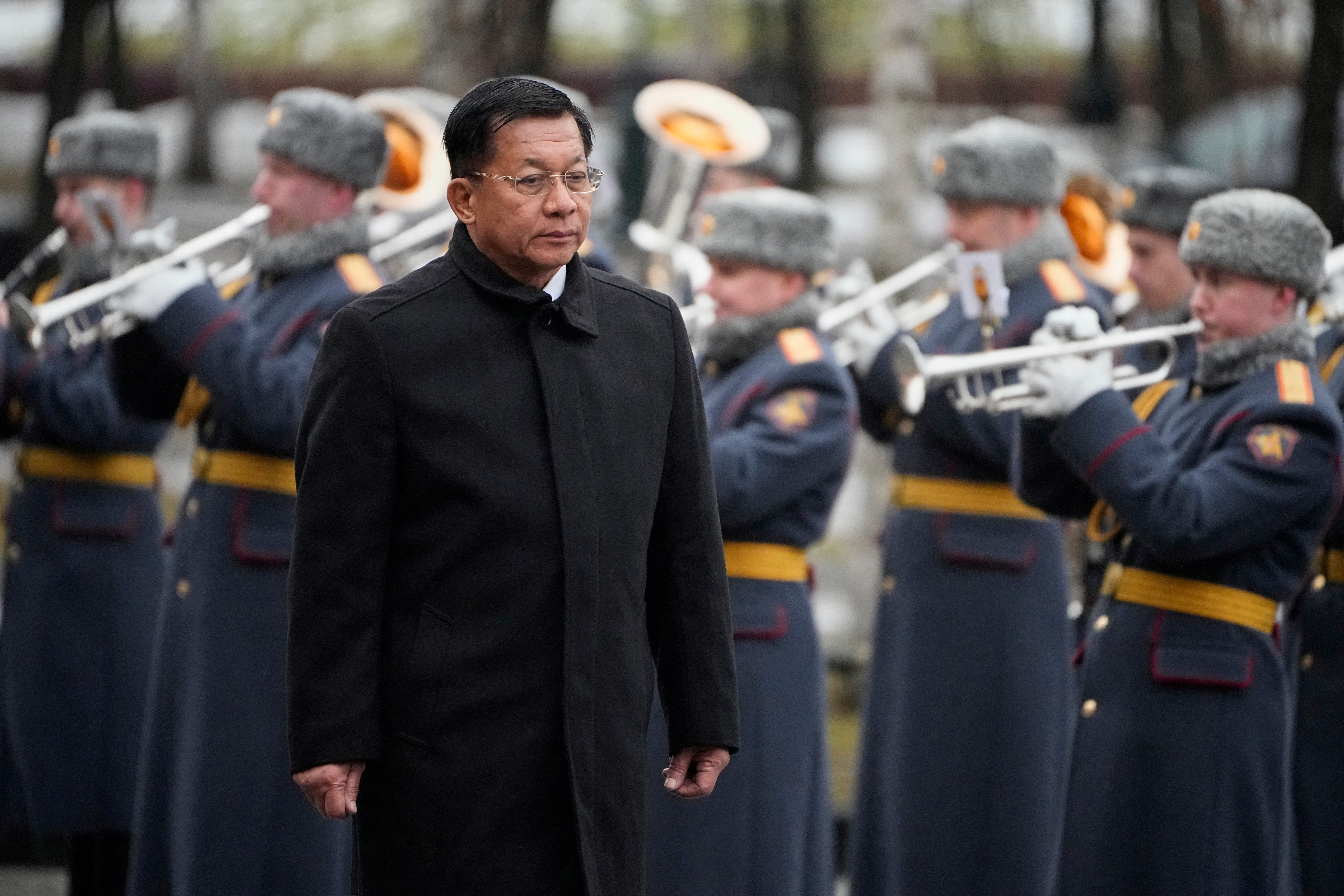 Myanmar's military chief Min Aung Hlaing attends a wreath-laying ceremony in Moscow