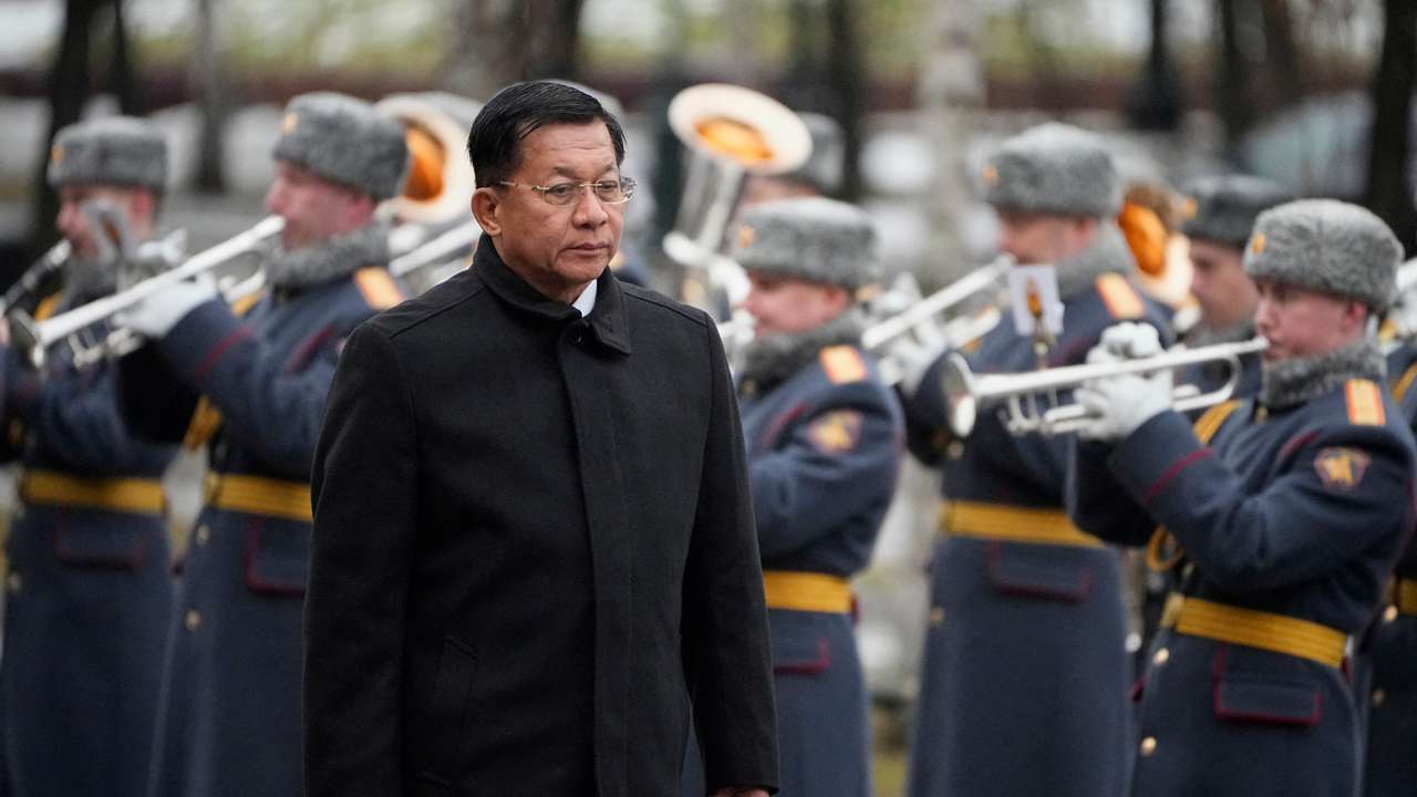 Myanmar's military chief Min Aung Hlaing attends a wreath-laying ceremony in Moscow