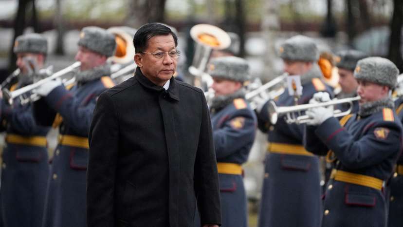 Myanmar's military chief Min Aung Hlaing attends a wreath-laying ceremony in Moscow