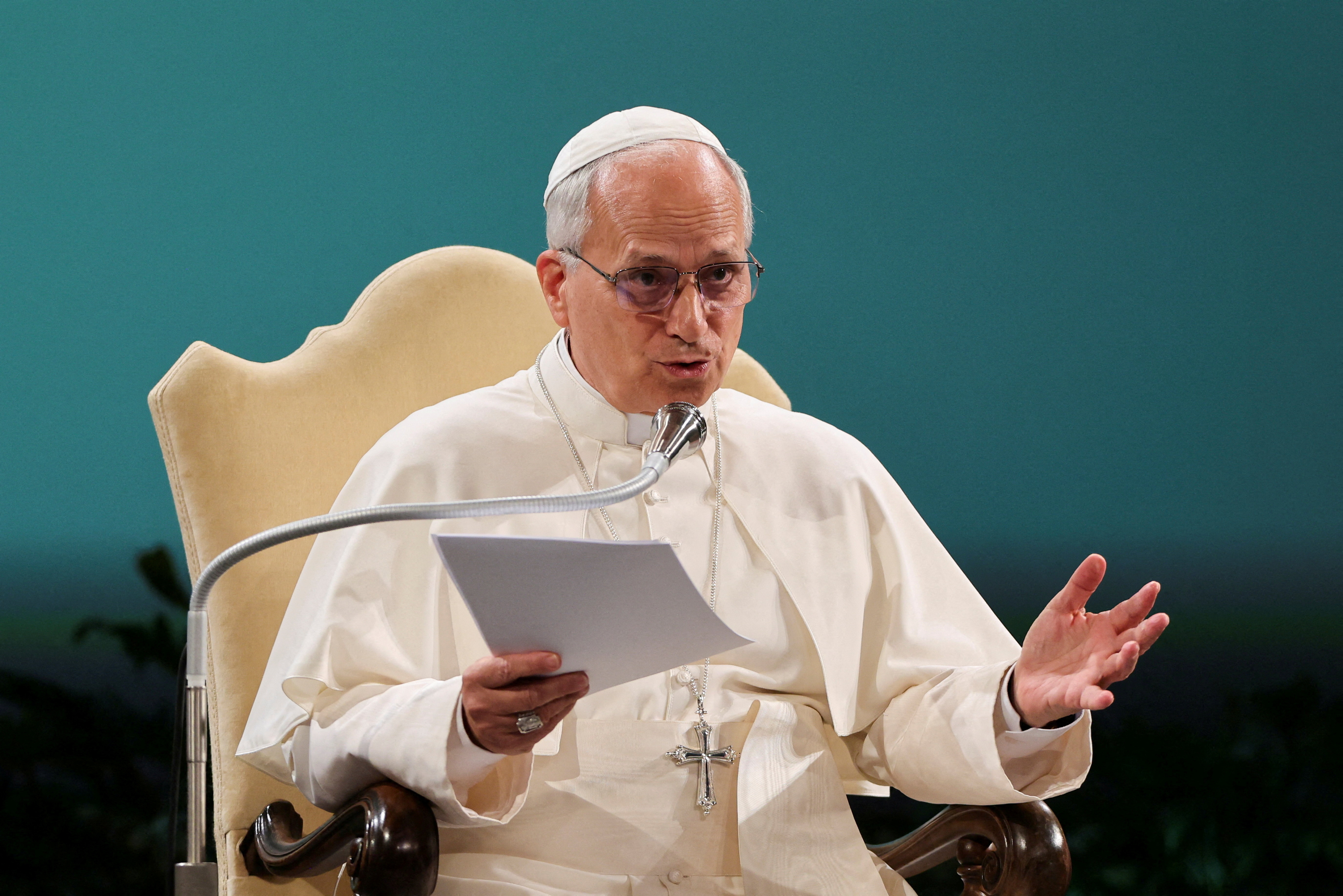 FILE PHOTO: Pope Leo speaks about climate change at Vatican event with Arnold Schwarzenegger