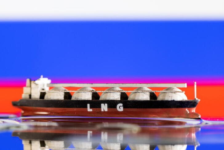 Illustration shows model of LNG tanker and Russia's flag