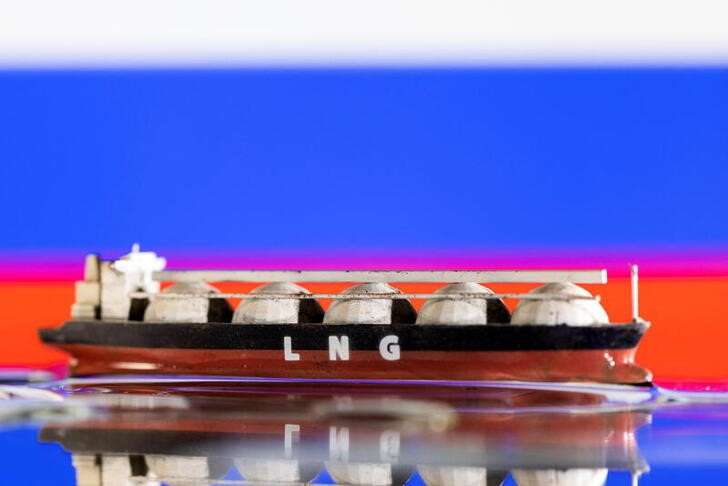 Illustration shows model of LNG tanker and Russia's flag