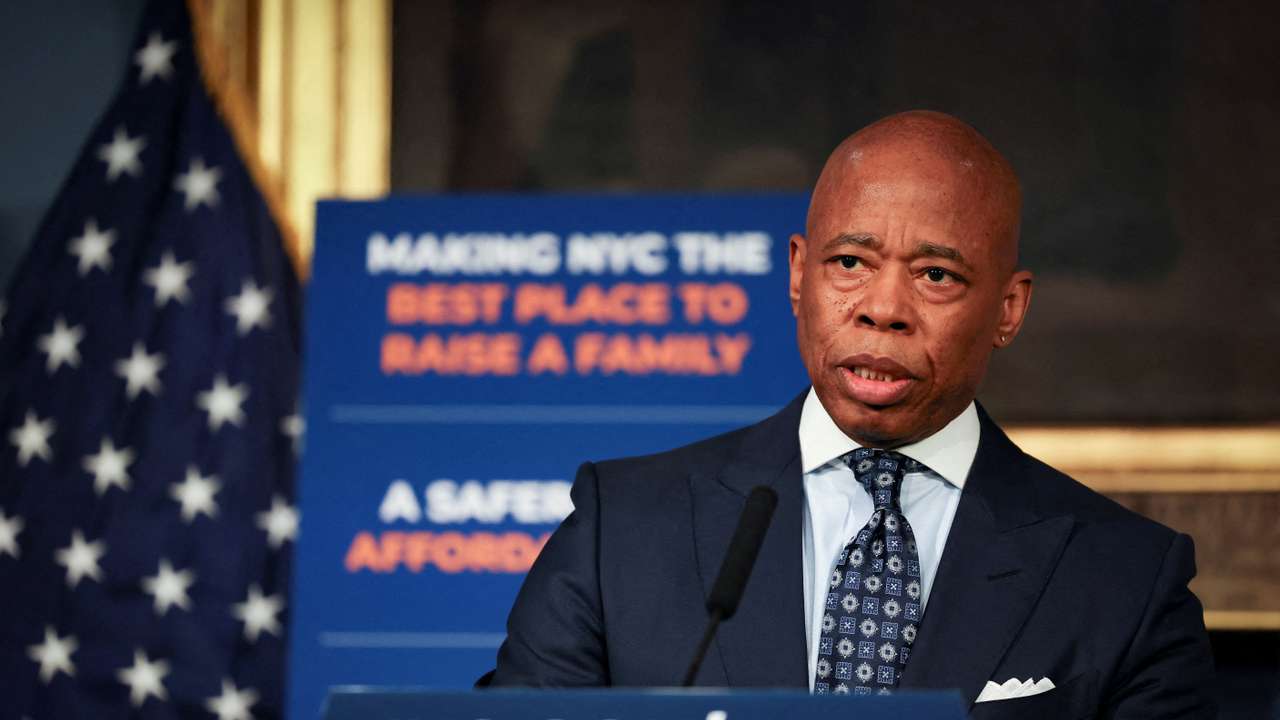 FILE PHOTO: New York City Mayor Eric Adams speaks during a press conference at City Hall in Manhattan in New York City