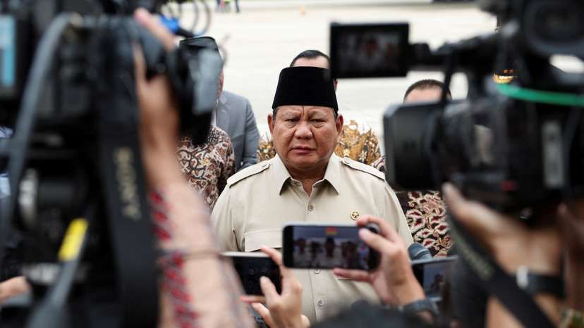 Indonesian President Prabowo Subianto speaks to members of the media at the Halim Perdanakusuma military airbase, in Jakarta