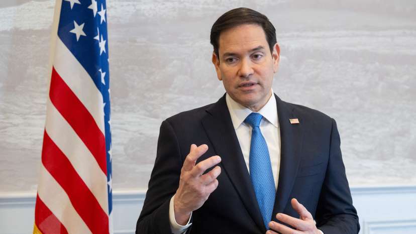 US Secretary of State Rubio speaks to the media during a refueling stop at Shannon Airport in Shannon