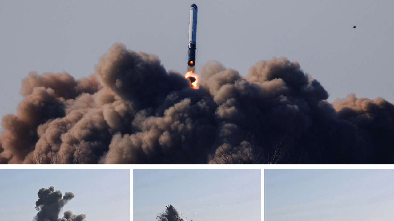 A missile is launched, as the state media report North Korea tested its new land-to-air cruise missiles off its west coast