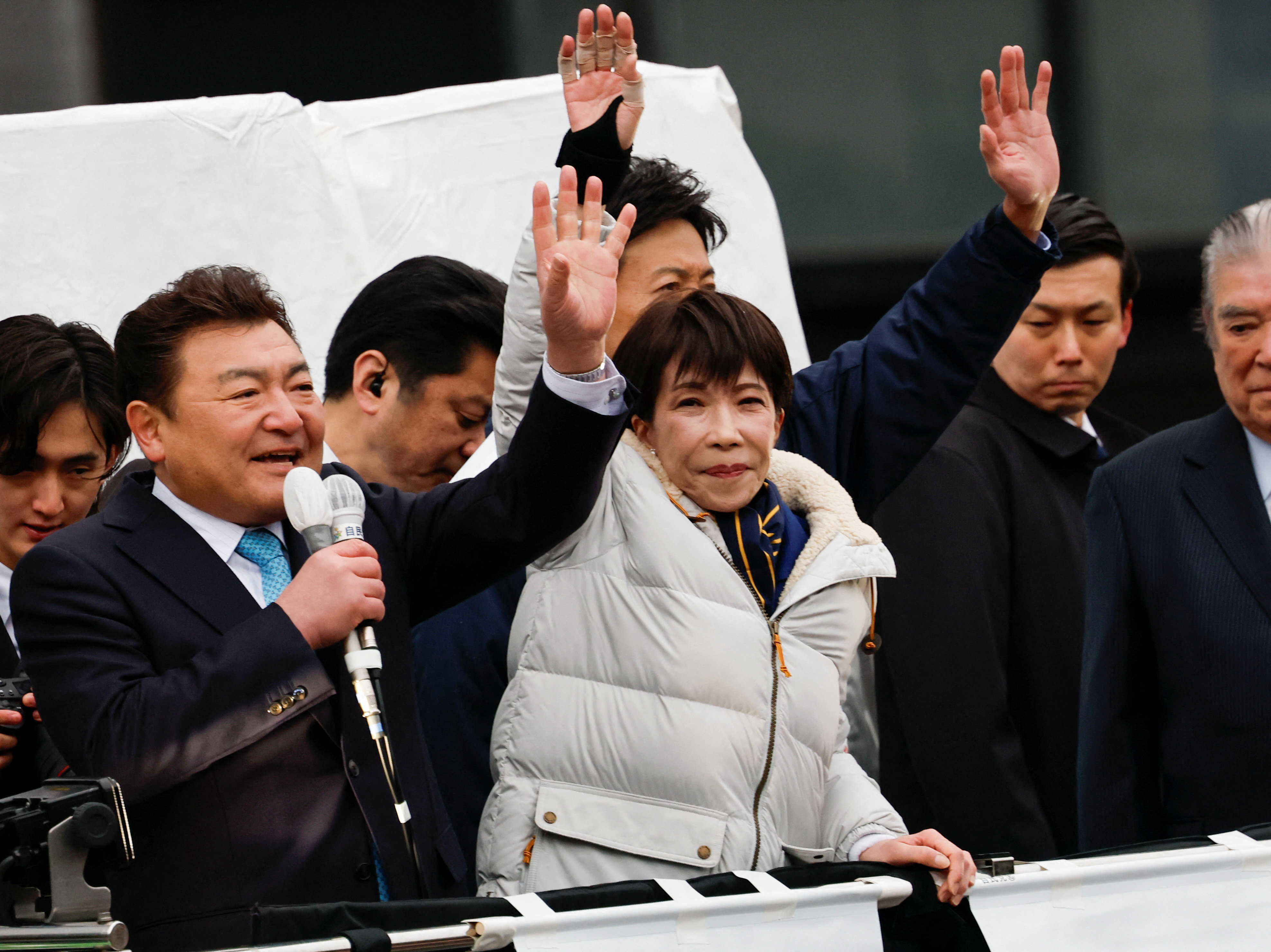 Japan's Prime Minister and leader of the ruling Liberal Democratic Party (LDP), Sanae Takaichi, attends an election campaign event ahead of the February 8 snap election, in Tokyo