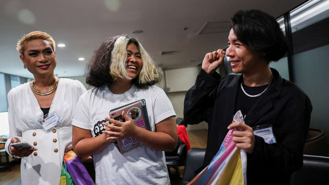 Thai LGBTQ community celebrate after the passing of the same-sex marriage bill by the Senate, in Bangkok