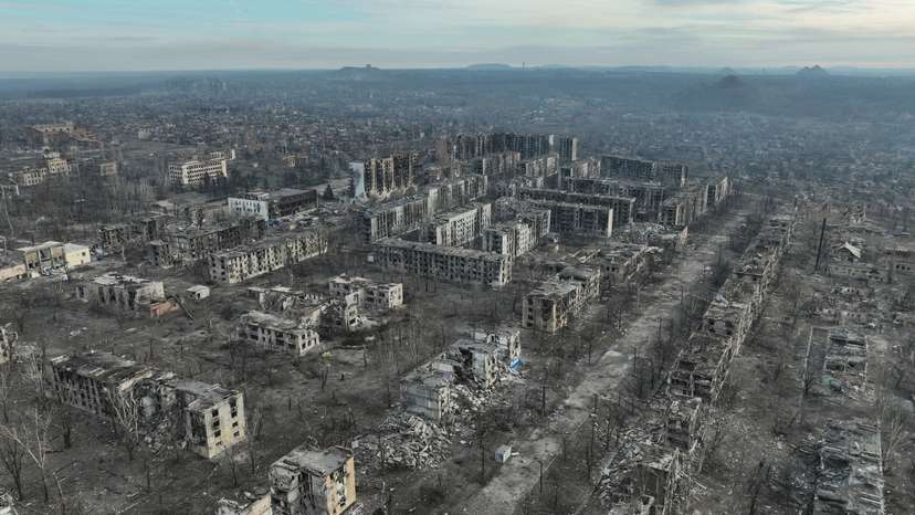 FILE PHOTO: Drone view shows damaged buildings in Toretsk
