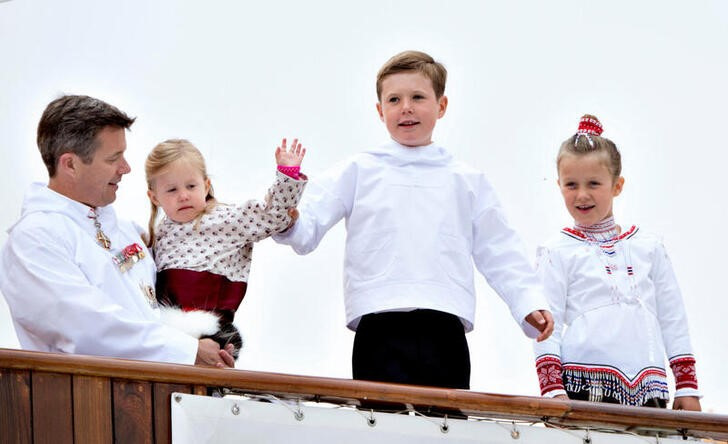 FILE PHOTO: Denmark's Crown Prince Frederik, Princess Josephine, Prince Christian and Princess Isabella on the Royal Ship during a visit to Qaqortoq, in 2014