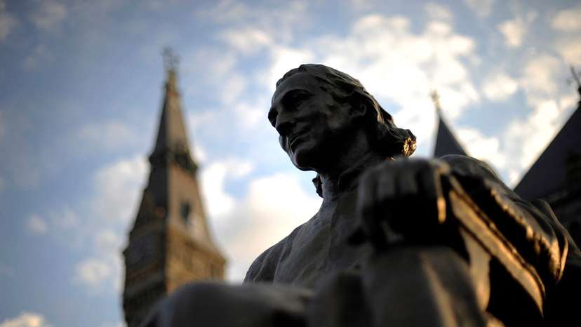 FILE PHOTO: Statue of Georgetown University founder Carroll sits on the Georgetown campus in Washington