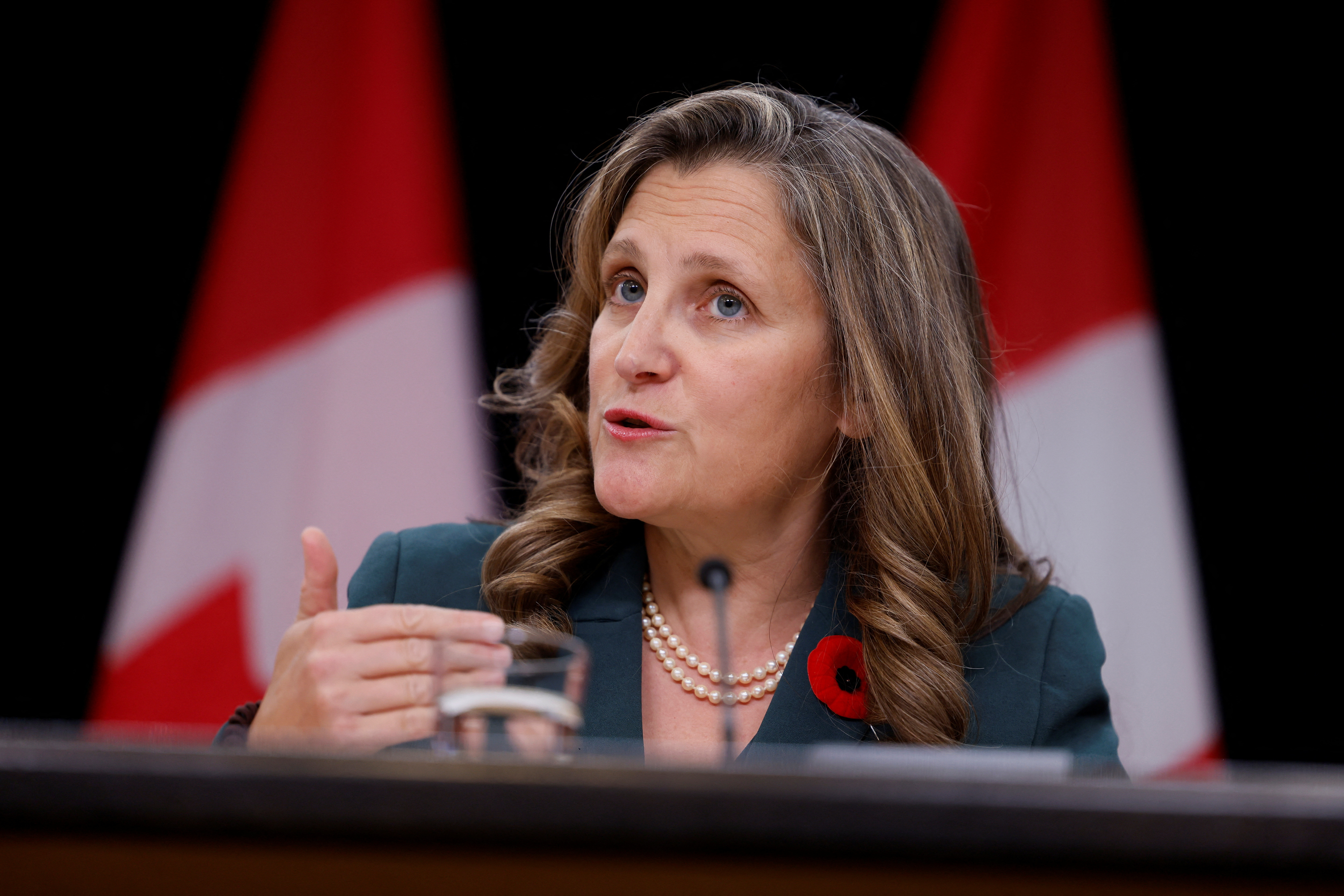Canada's Deputy Prime Minister and Minister of Finance Chrystia Freeland takes part in a press conference in Ottawa