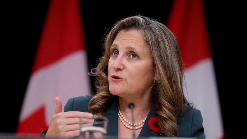 Canada's Deputy Prime Minister and Minister of Finance Chrystia Freeland takes part in a press conference in Ottawa