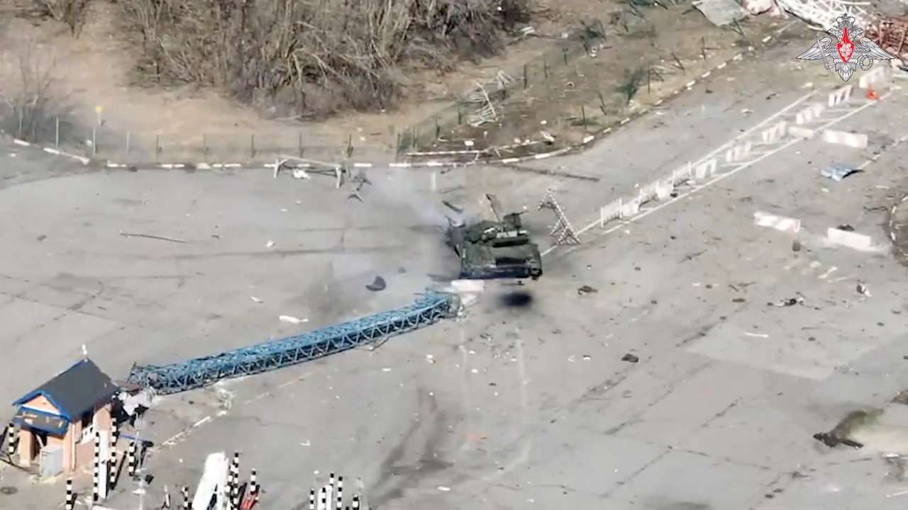 A view shows what Russian Defence Ministry says is a destroyed tank of Ukraine-based armed groups at a border crossing in Belgorod Region