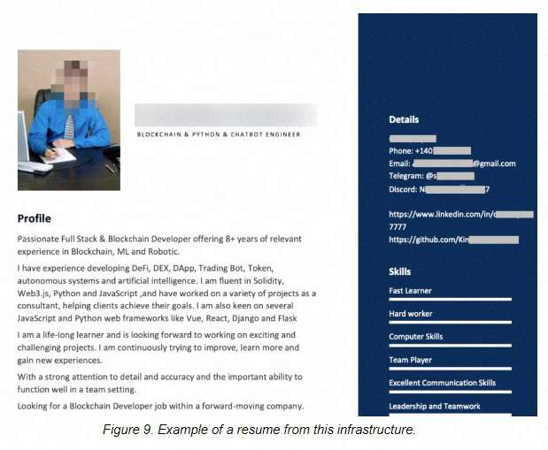 A redacted online resume of a North Korean IT worker is shown in this screenshot of a report