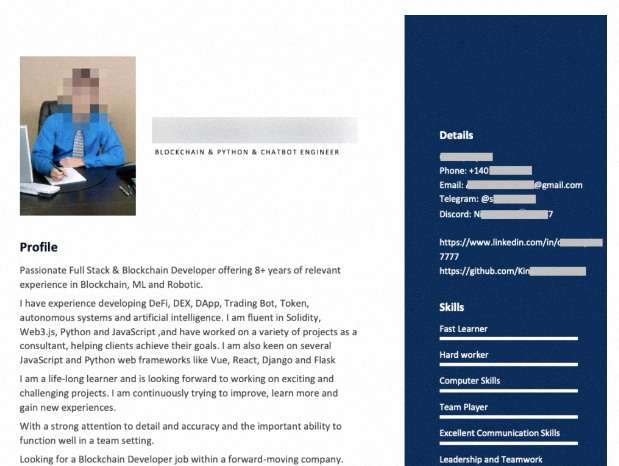 A redacted online resume of a North Korean IT worker is shown in this screenshot of a report