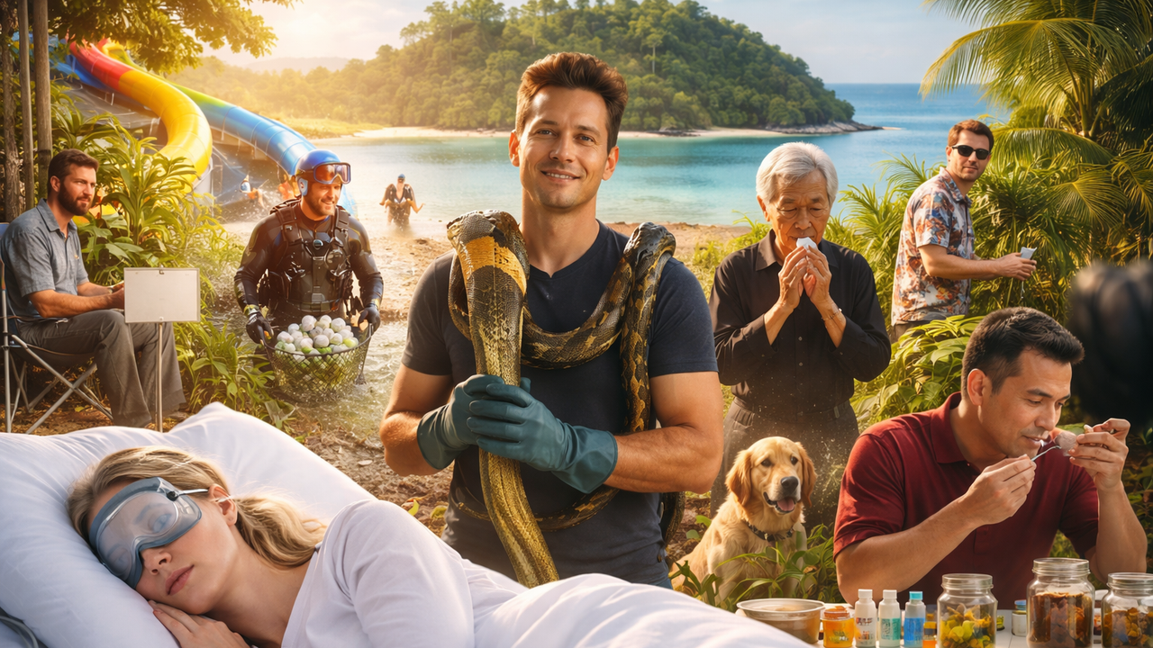 An illustration of unusual careers, including a professional sleeper, snake milker, water slide tester and island caretaker.