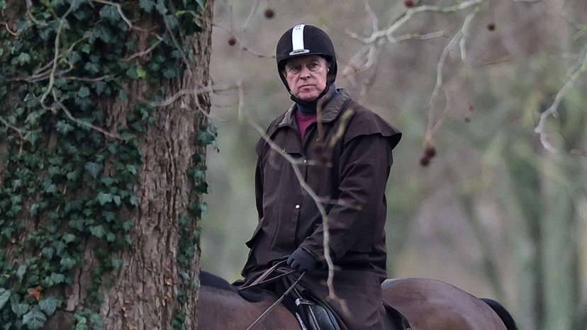 Andrew Mountbatten-Windsor rides a horse in Windsor Great Park