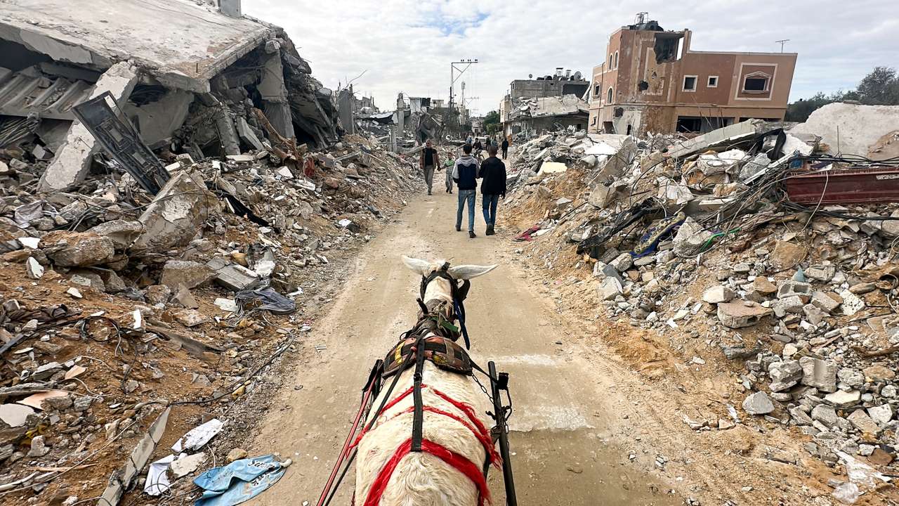 A donkey drawing a cart moves past the ruins of houses destroyed in Israeli strikes during the conflict, in Khan Younis