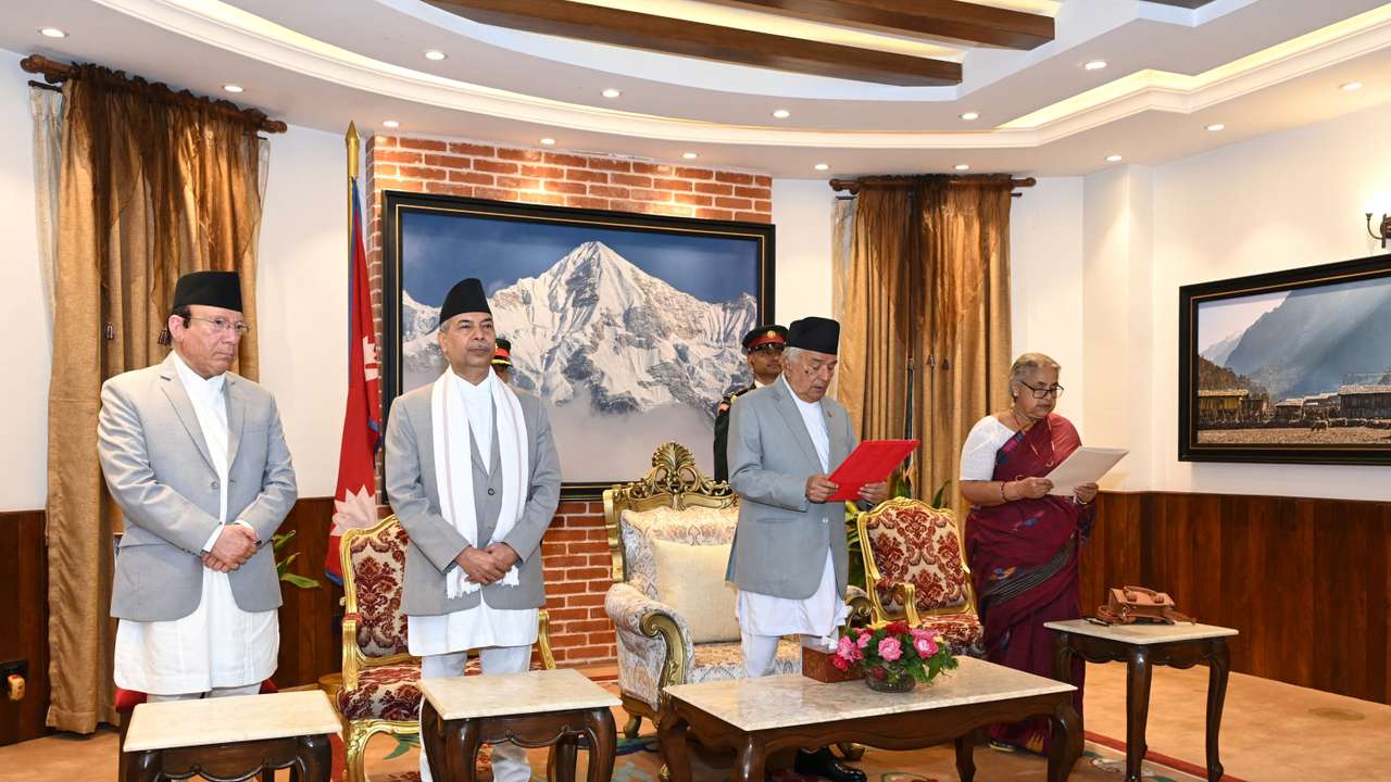 Nepal's President Ramchandra Paudel administers Sushila Karki oath as Nepal's interim prime minister, in Kathmandu