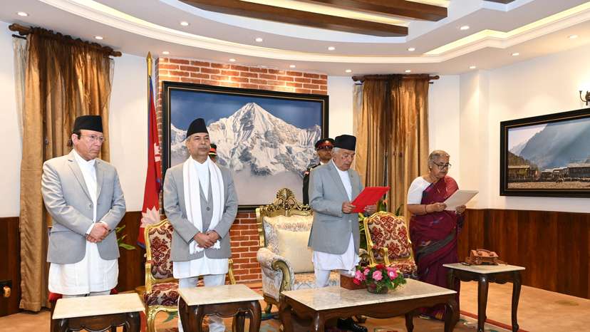 Nepal's President Ramchandra Paudel administers Sushila Karki oath as Nepal's interim prime minister, in Kathmandu