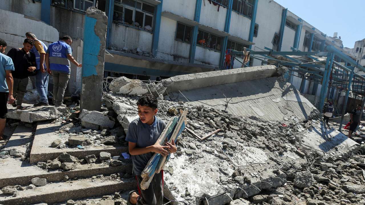 Aftermath of Israeli strike on UN school sheltering displaced people, in Nuseirat in the central Gaza Strip