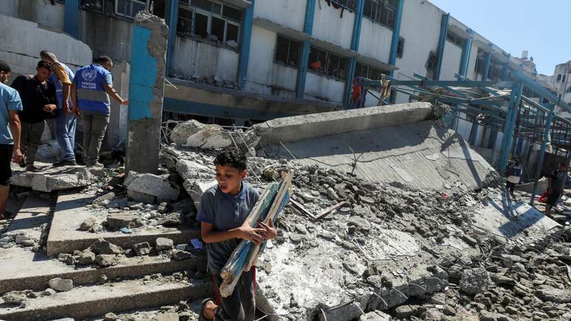 Aftermath of Israeli strike on UN school sheltering displaced people, in Nuseirat in the central Gaza Strip