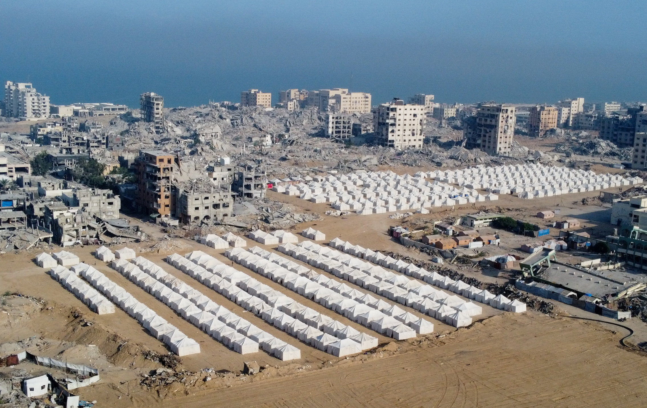 A drone view shows the destruction in a residential neighborhood, in Gaza City