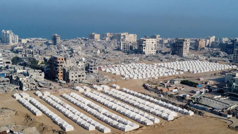 A drone view shows the destruction in a residential neighborhood, in Gaza City