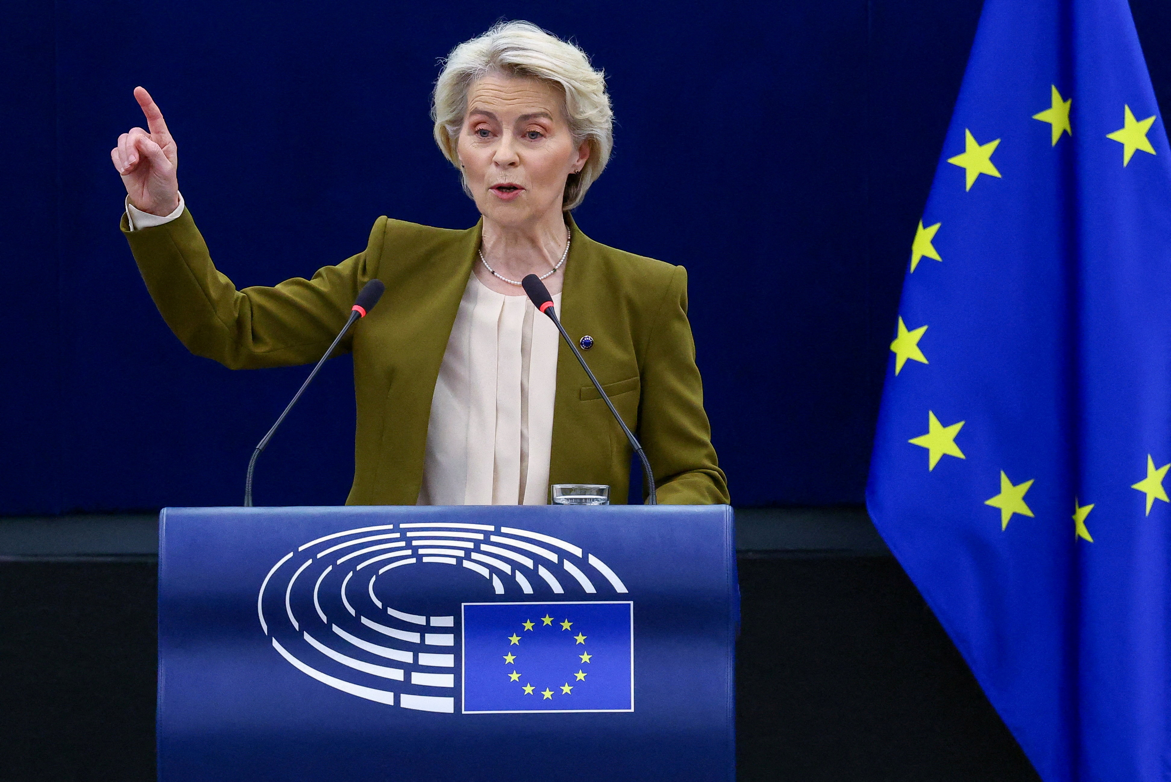 FILE PHOTO: European Commission President Ursula von der Leyen delivers the State of the European Union address to the European Parliament