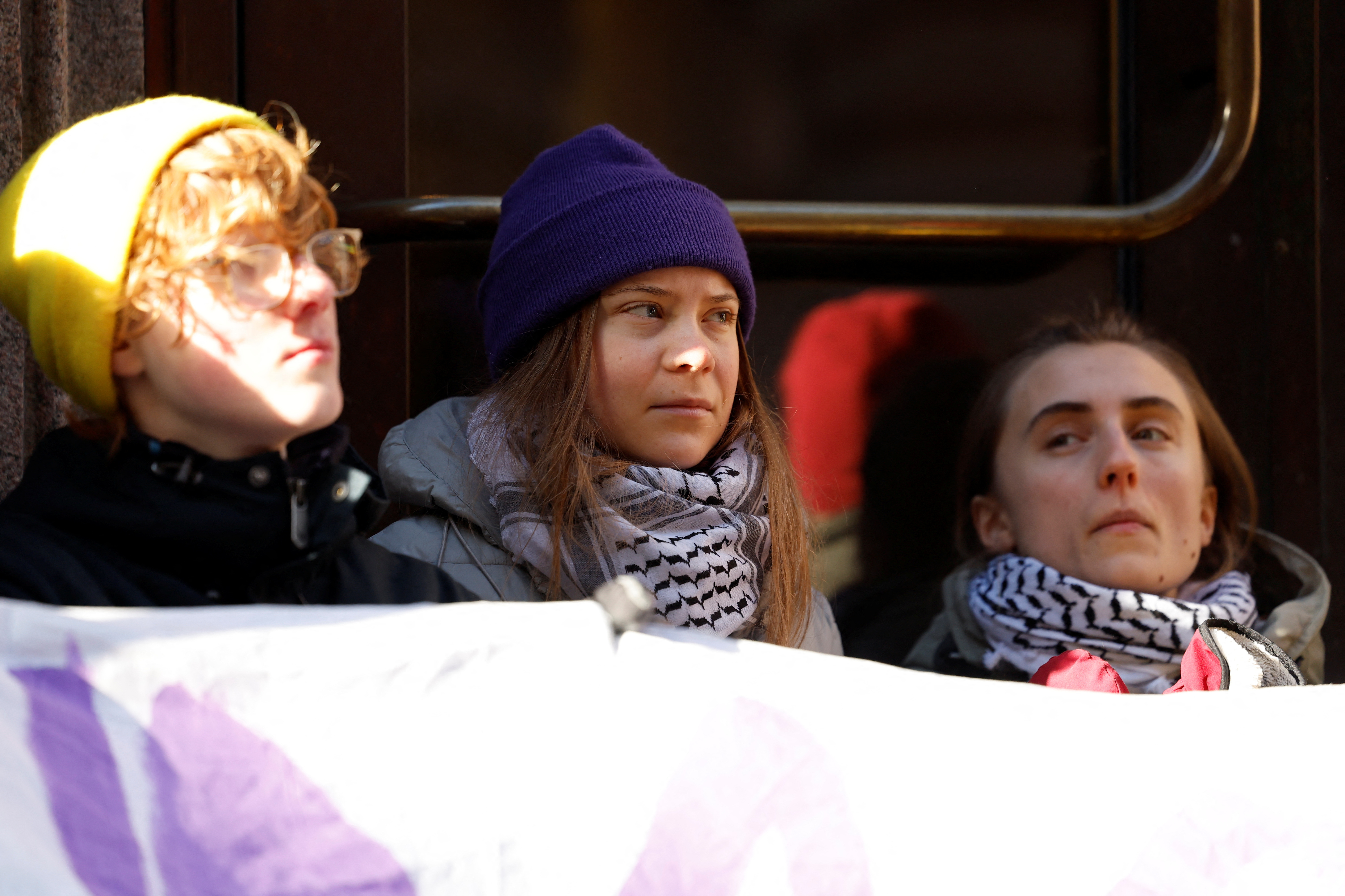Climate activist Greta Thunberg blocks the entrance of the Swedish Parliament during a protest in Stockholm