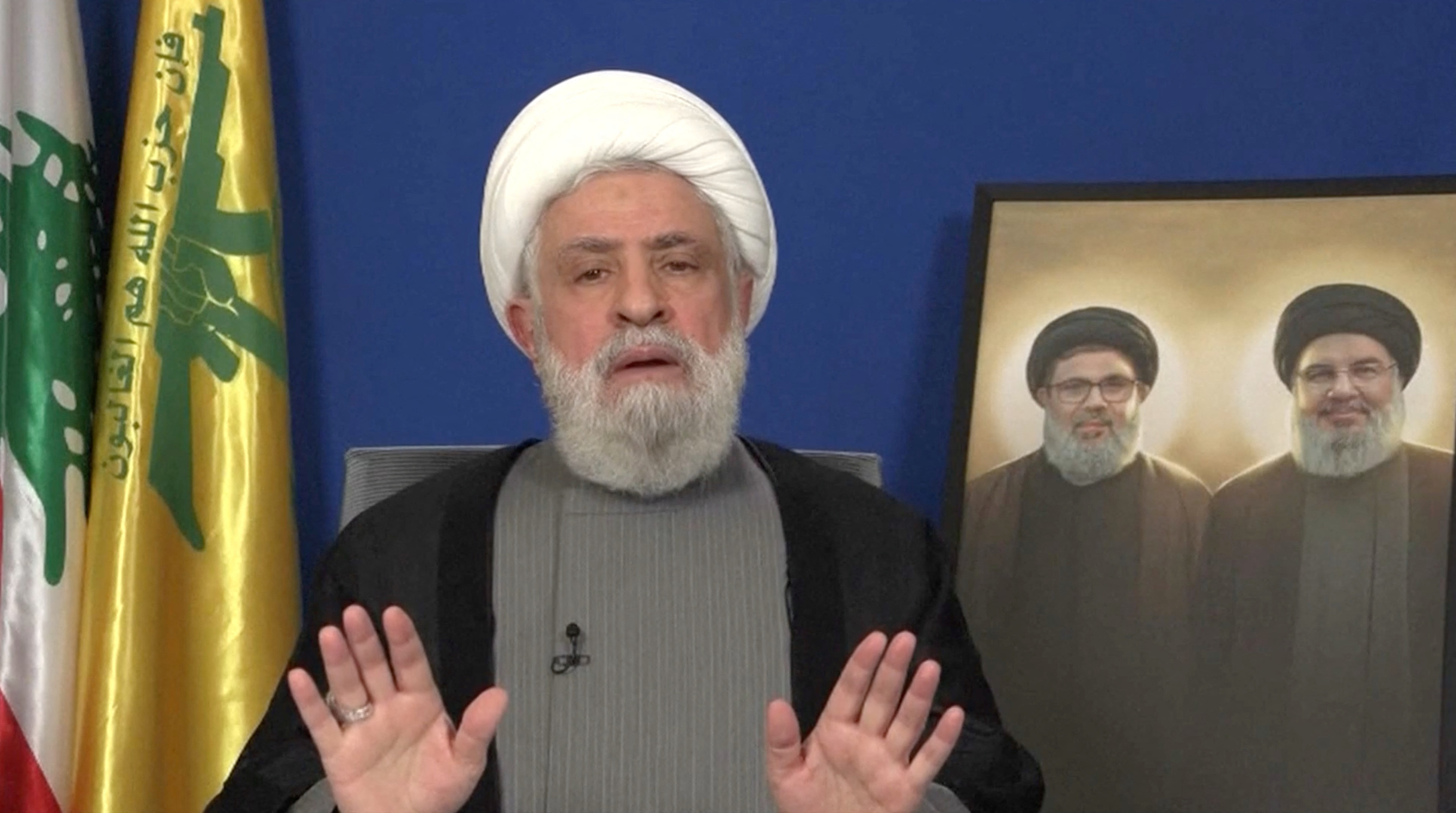 Lebanon's Hezbollah leader Sheikh Naim Qassem delivers a speech