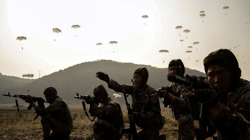 North Korean leader Kim Jong Un guides the training of the Korean People's Army's air and amphibious combat units