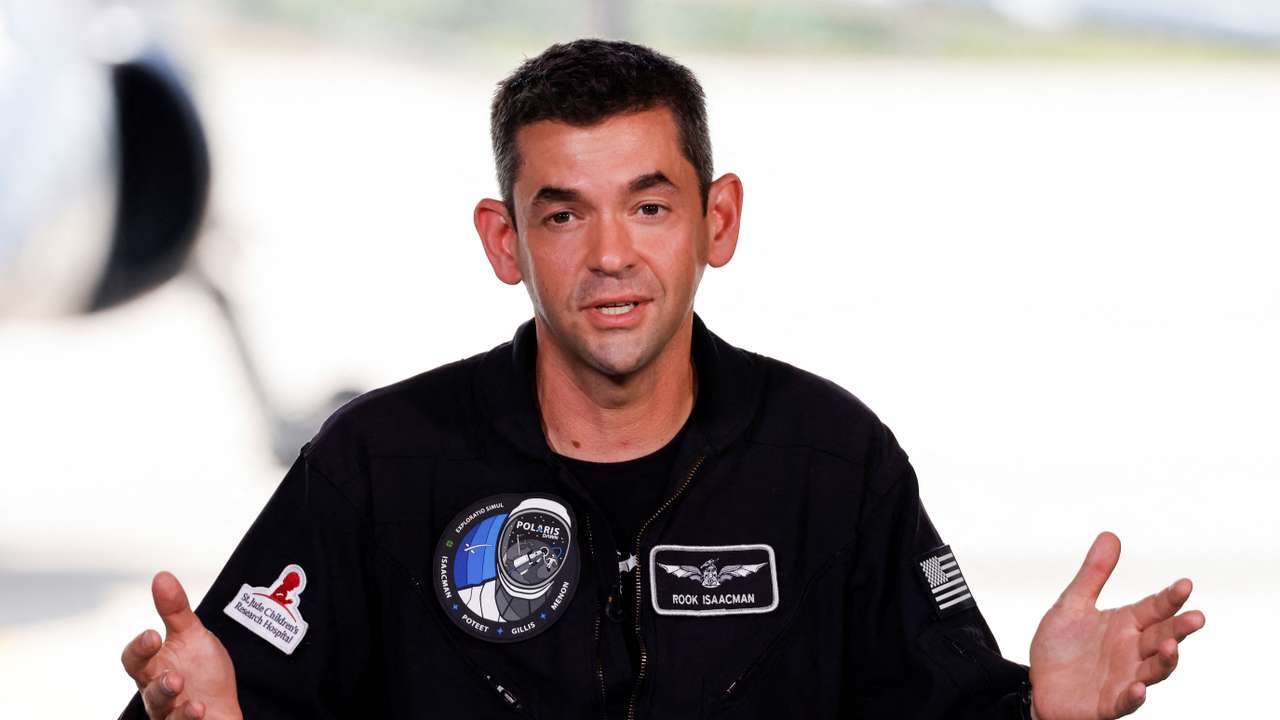 Commander Jared Isaacman of Polaris Dawn, a private human spaceflight mission, speaks at a press conference prior to launch.