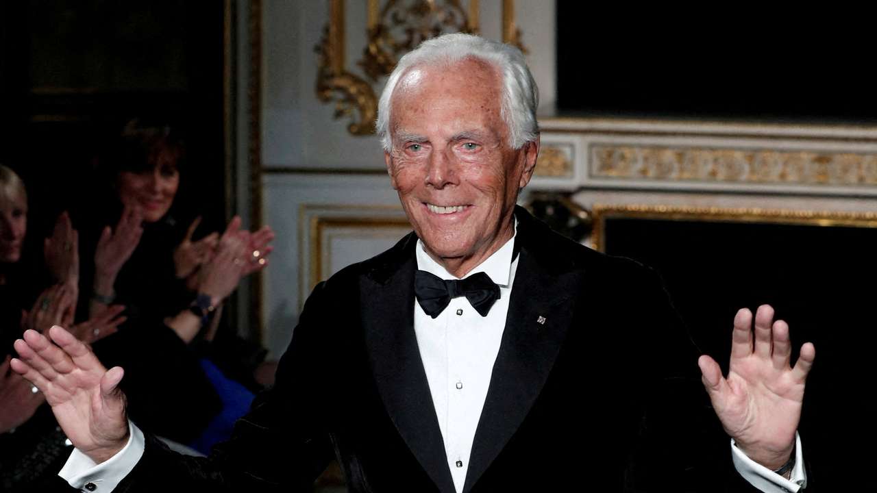 FILE PHOTO: Italian designer Giorgio Armani appears at the end of his Haute Couture Spring-Summer 2019 collection show for fashion house Giorgio Armani Prive in Paris