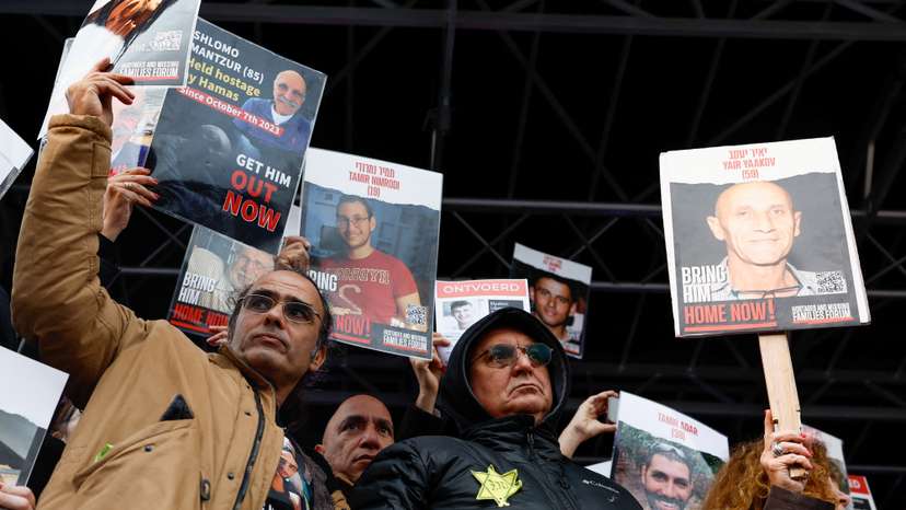 Representatives of families of hostages taken by Hamas on October 7 hold a press conference in The Hague