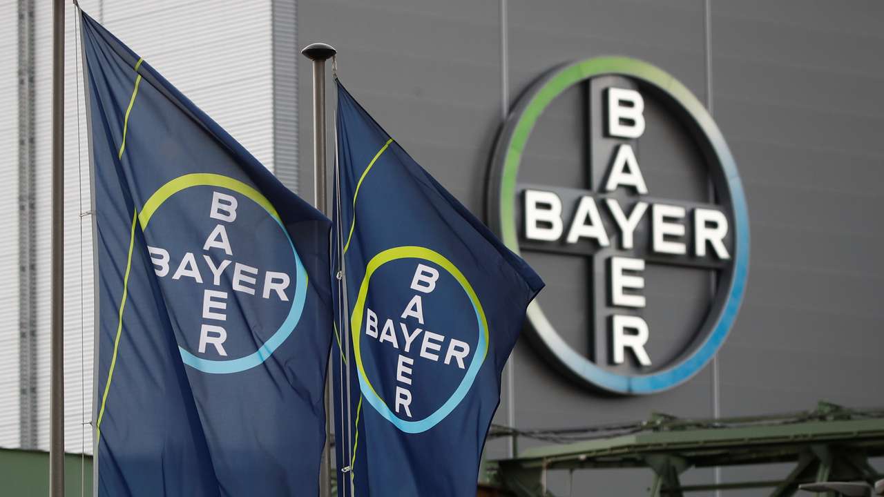 Logo and flags of Bayer AG are pictured outside a plant of the German pharmaceutical and chemical maker in Wuppertal