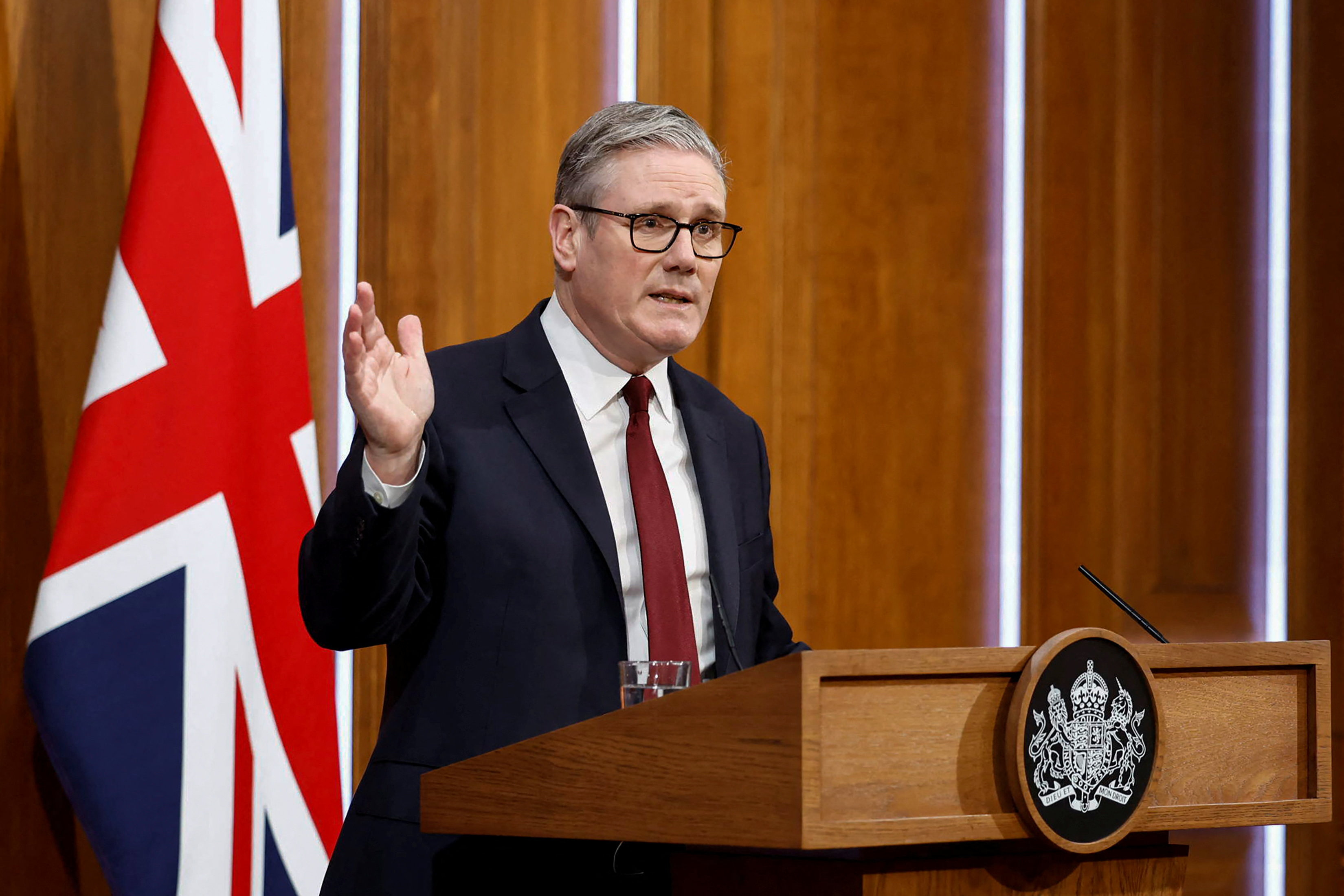 British Prime Minister Keir Starmer speaks to the media on the situation in the Middle East, at Downing Street in central London