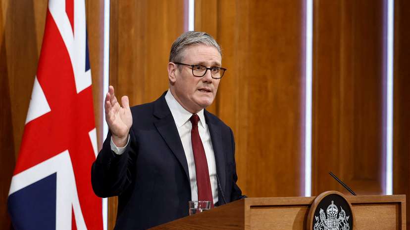 British Prime Minister Keir Starmer speaks to the media on the situation in the Middle East, at Downing Street in central London