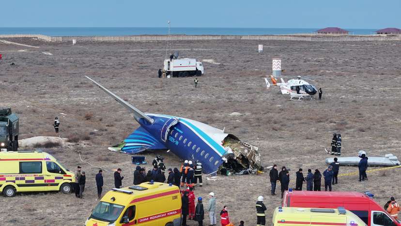 A drone view shows the crash site of a passenger plane near Aktau