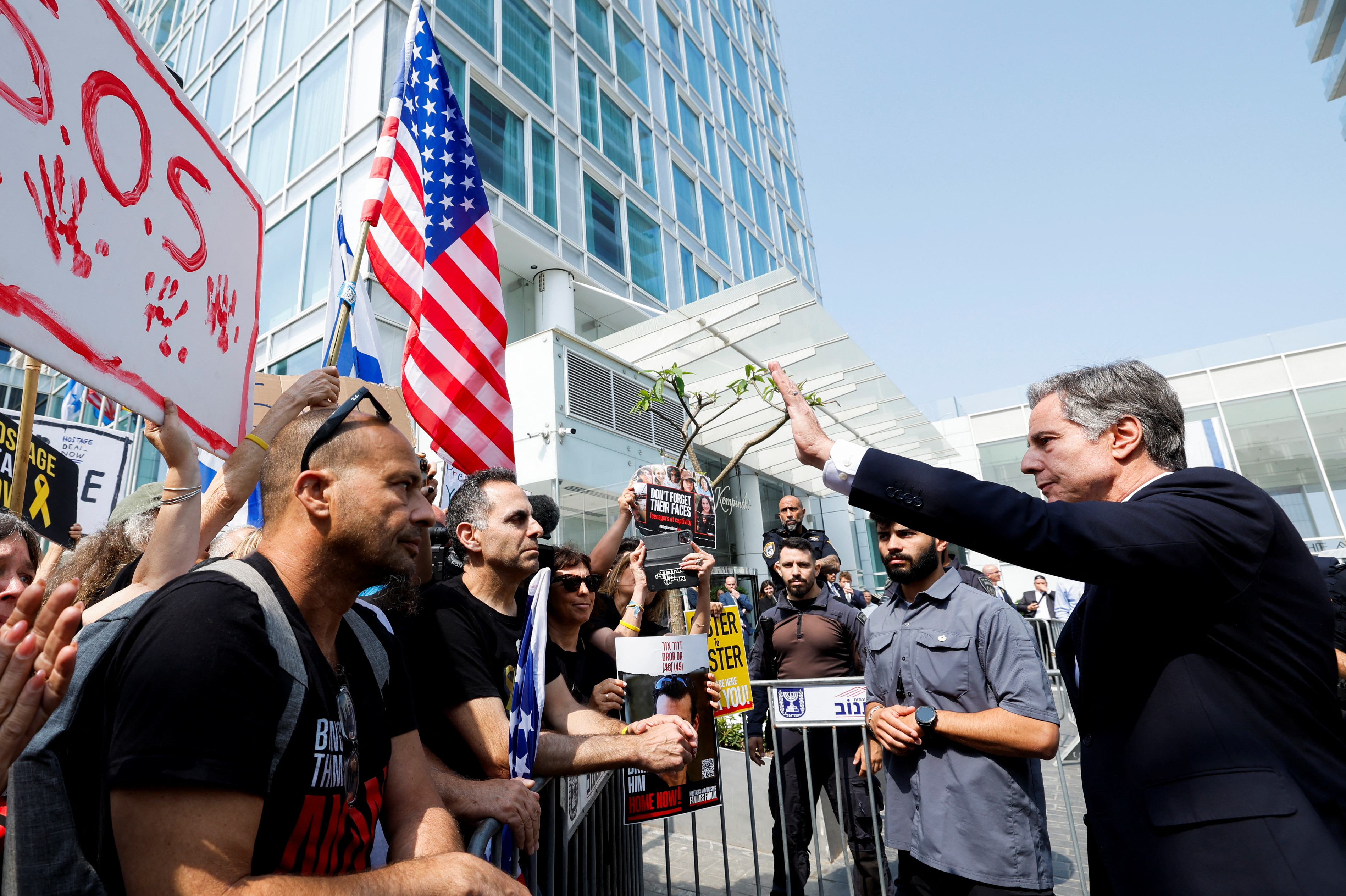 U.S. Secretary of State Antony Blinken meets with the families of the hostages outside of a hotel, in Tel Aviv
