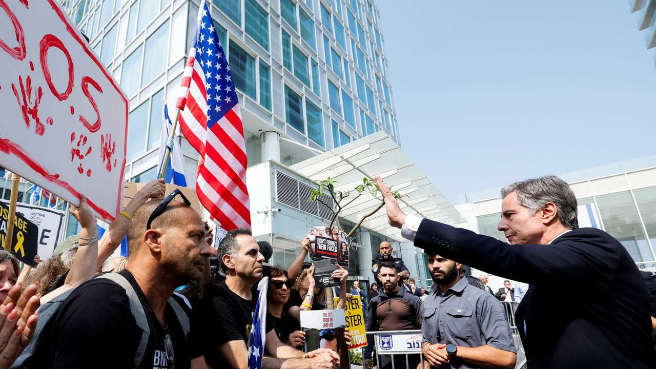 U.S. Secretary of State Antony Blinken meets with the families of the hostages outside of a hotel, in Tel Aviv