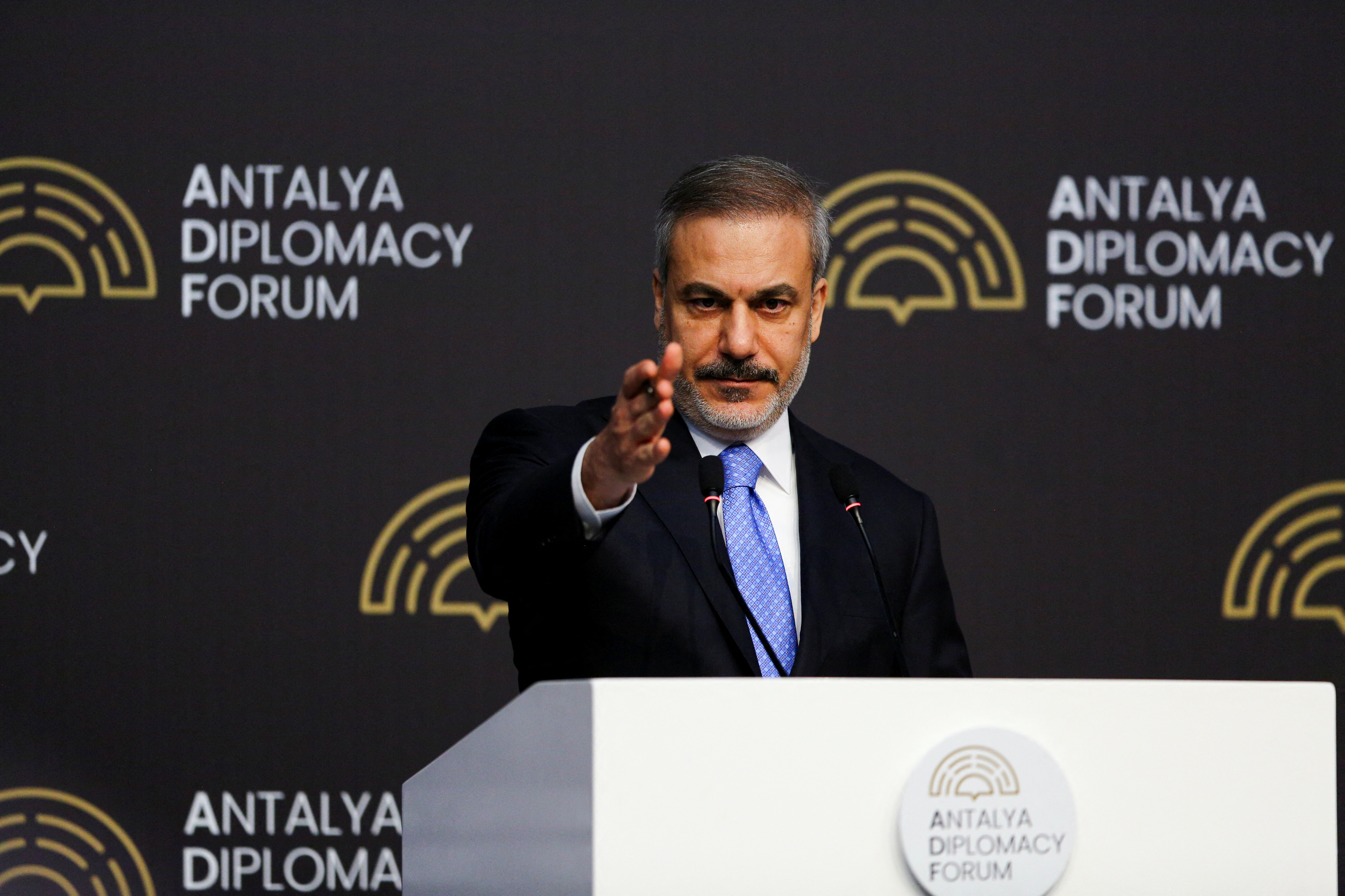 Turkish Foreign Minister Hakan Fidan speaks during a press conference at  Antalya Diplomacy Forum