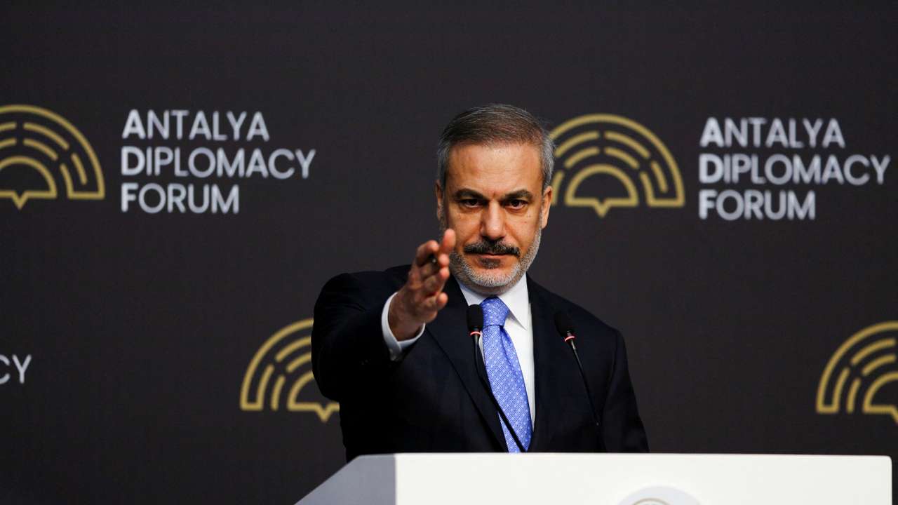 Turkish Foreign Minister Hakan Fidan speaks during a press conference at Antalya Diplomacy Forum