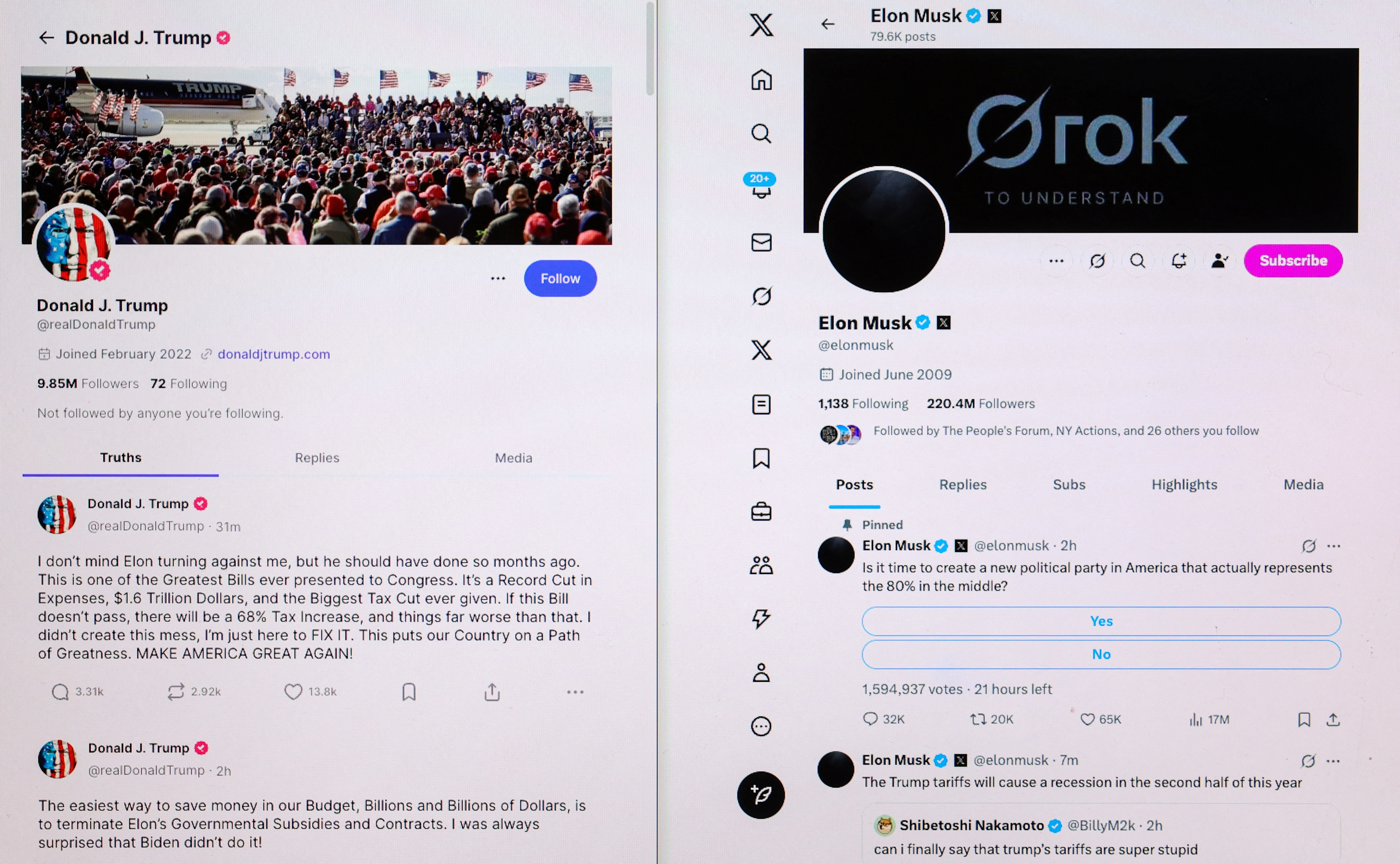 Photo Illustration of U.S. President Donald Trump's Truth Social Account and Elon Musk's X Account