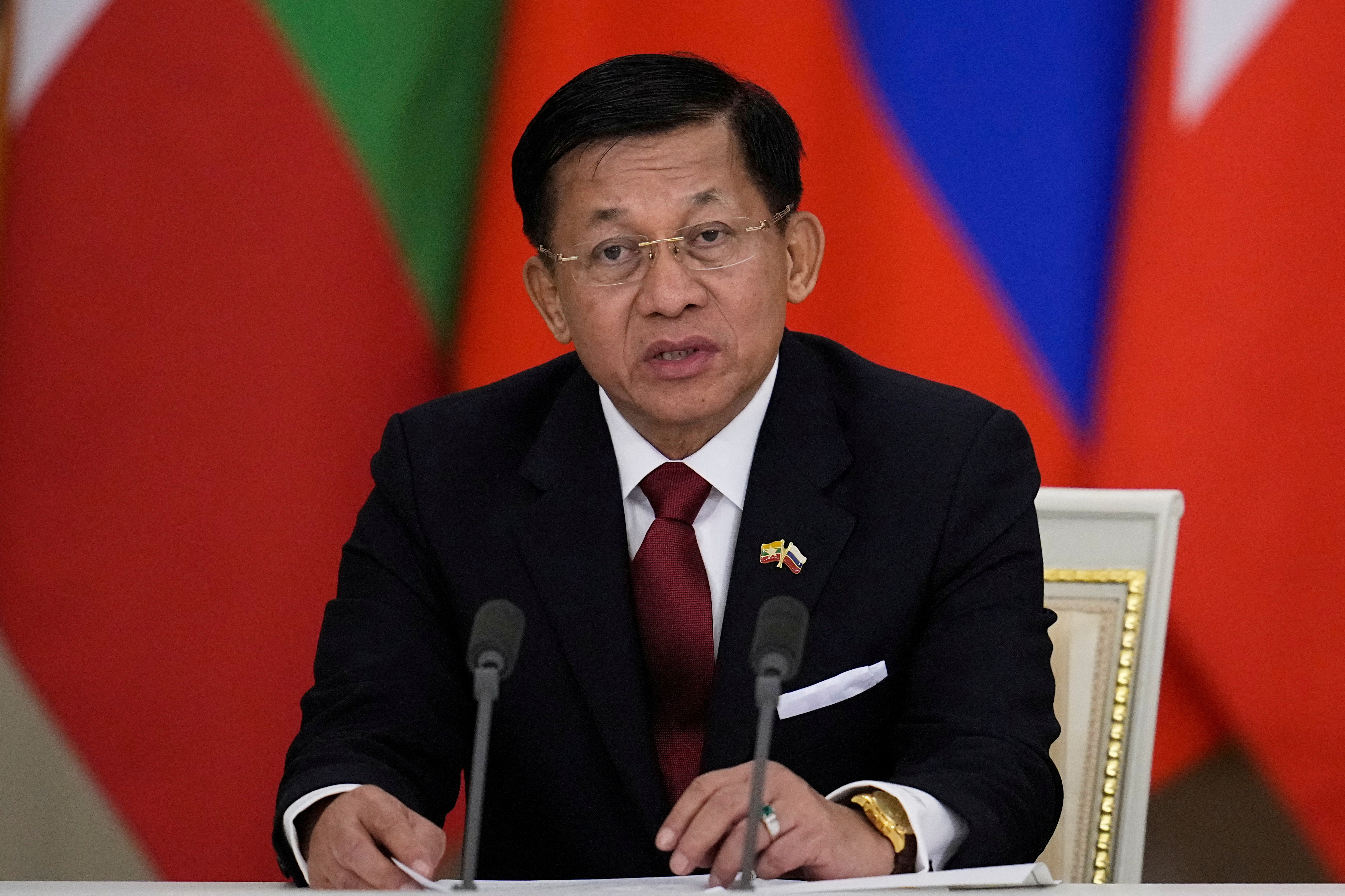 FILE PHOTO: Russia's President Vladimir Putin and Myanmar's military chief Min Aung Hlaing meet in Moscow