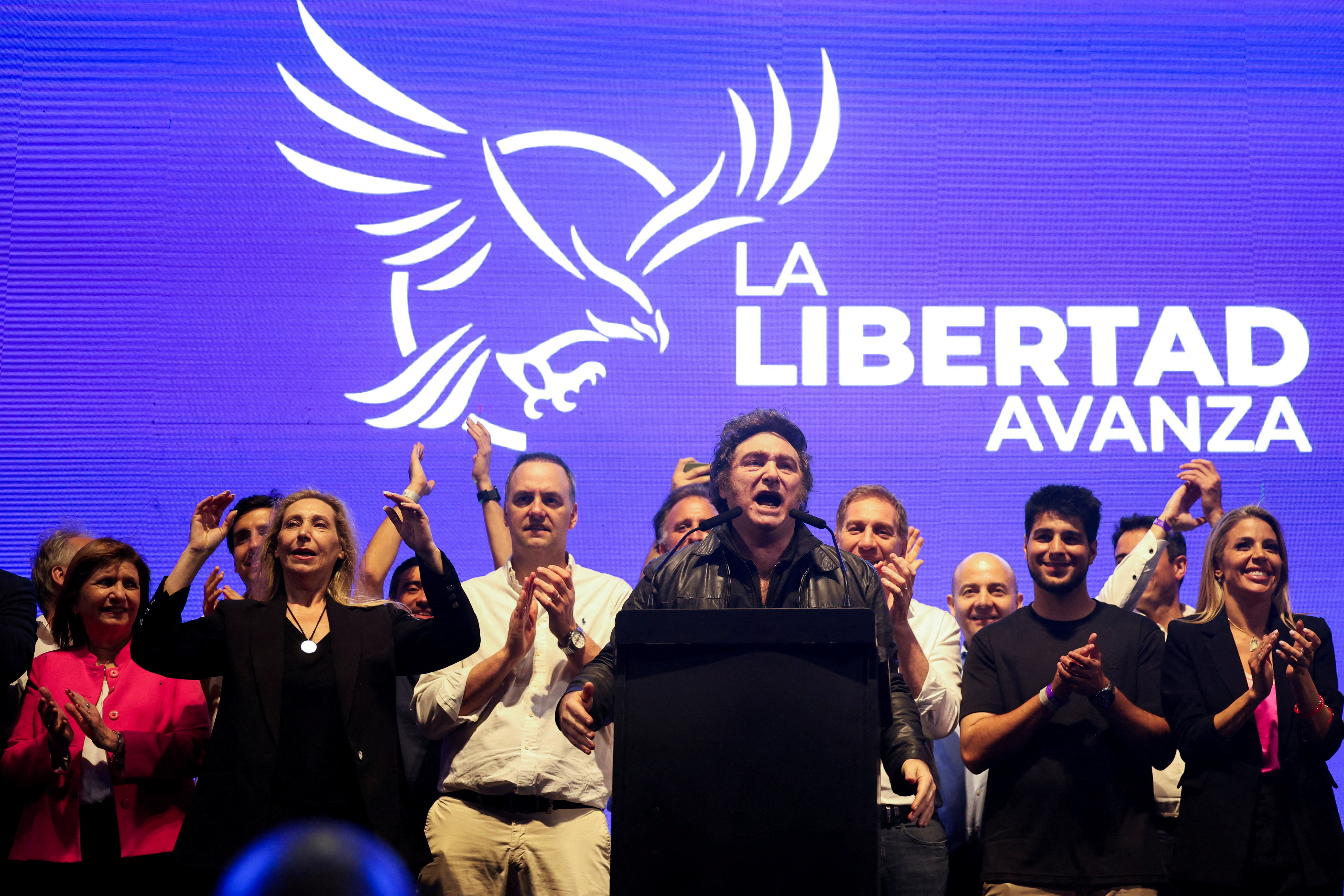 Argentina's President Javier Milei speaks during a La Libertad Avanza party closing rally ahead of the October 26 midterm elections, that could strip the libertarian leader of crucial congressional support for his reform agenda, in Rosario, Santa Fe