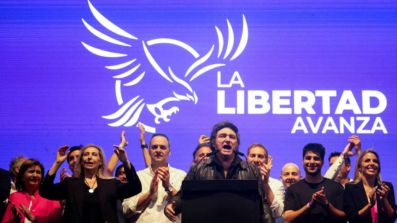 Argentina's President Javier Milei speaks during a La Libertad Avanza party closing rally ahead of the October 26 midterm elections, that could strip the libertarian leader of crucial congressional support for his reform agenda, in Rosario, Santa Fe
