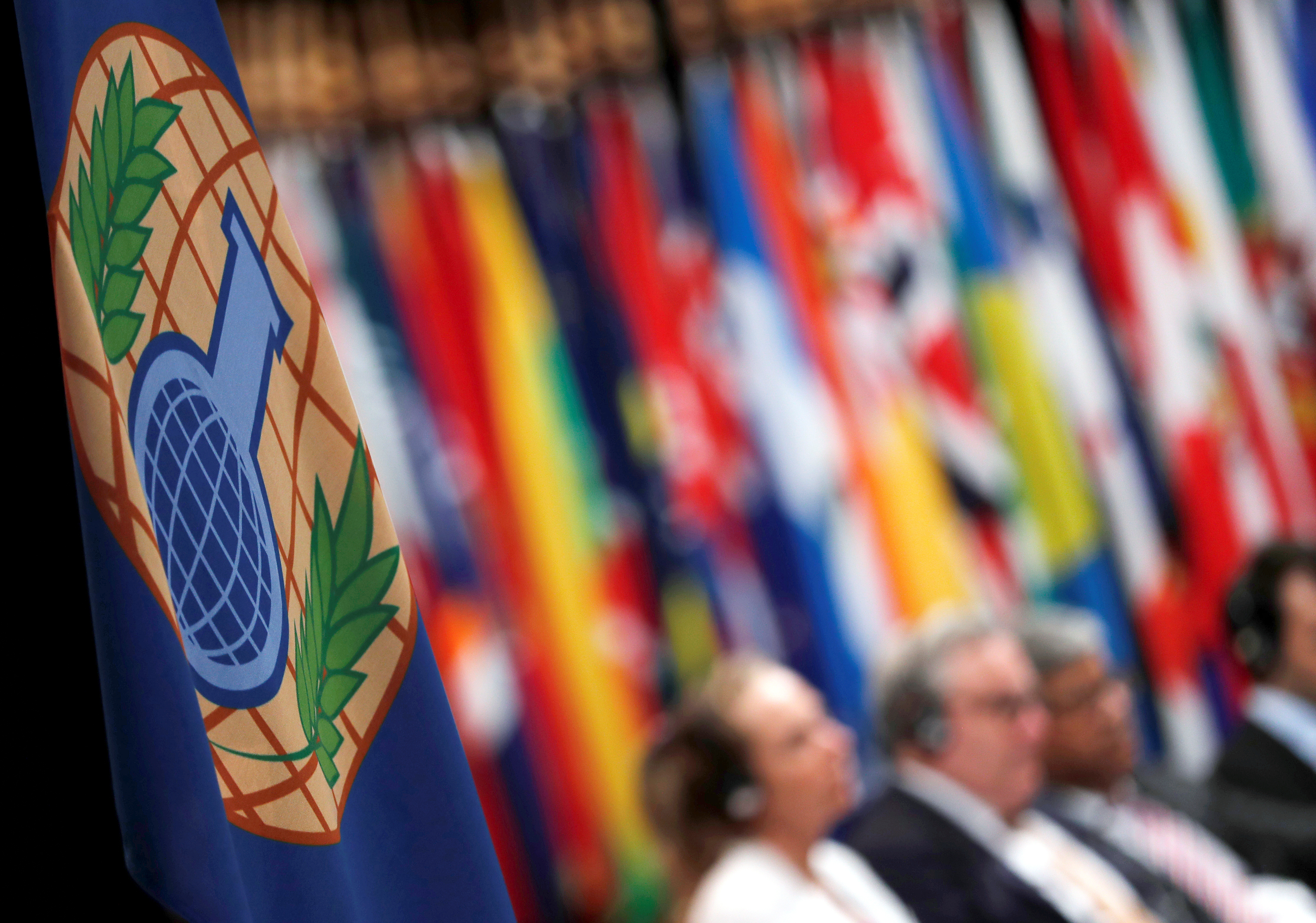 The logo of the Organisation for the Prohibition of Chemical Weapons is seen during a special session in the Hague