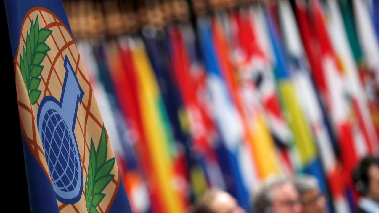 The logo of the Organisation for the Prohibition of Chemical Weapons is seen during a special session in the Hague